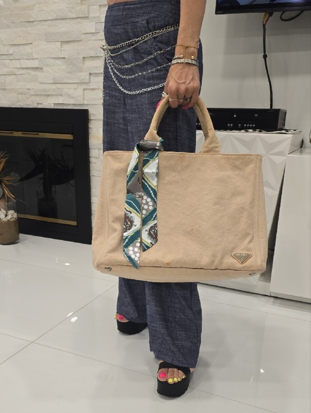 Prada Light Beige Canvas Denim Tote with Top Handles - Picture 15 of 16
